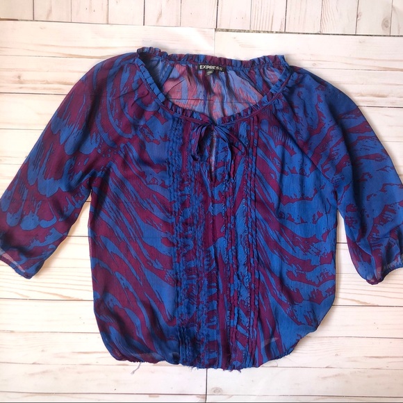 Express Tops - Express Sheer Print Bubble Hem Peasant Blouse